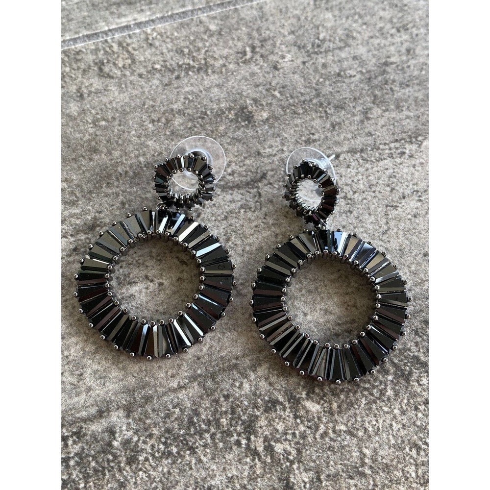 Earrings Black Glass Rhinestones Dangles Drops Circles Gunmetal Tone